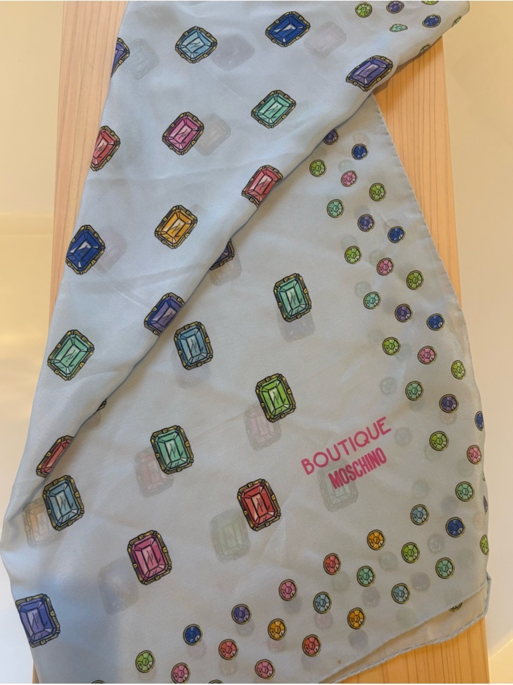 BOUTIQUE MOSCHINO Scarf Jewel Print LIGHT BLUE Silk Long Foulard